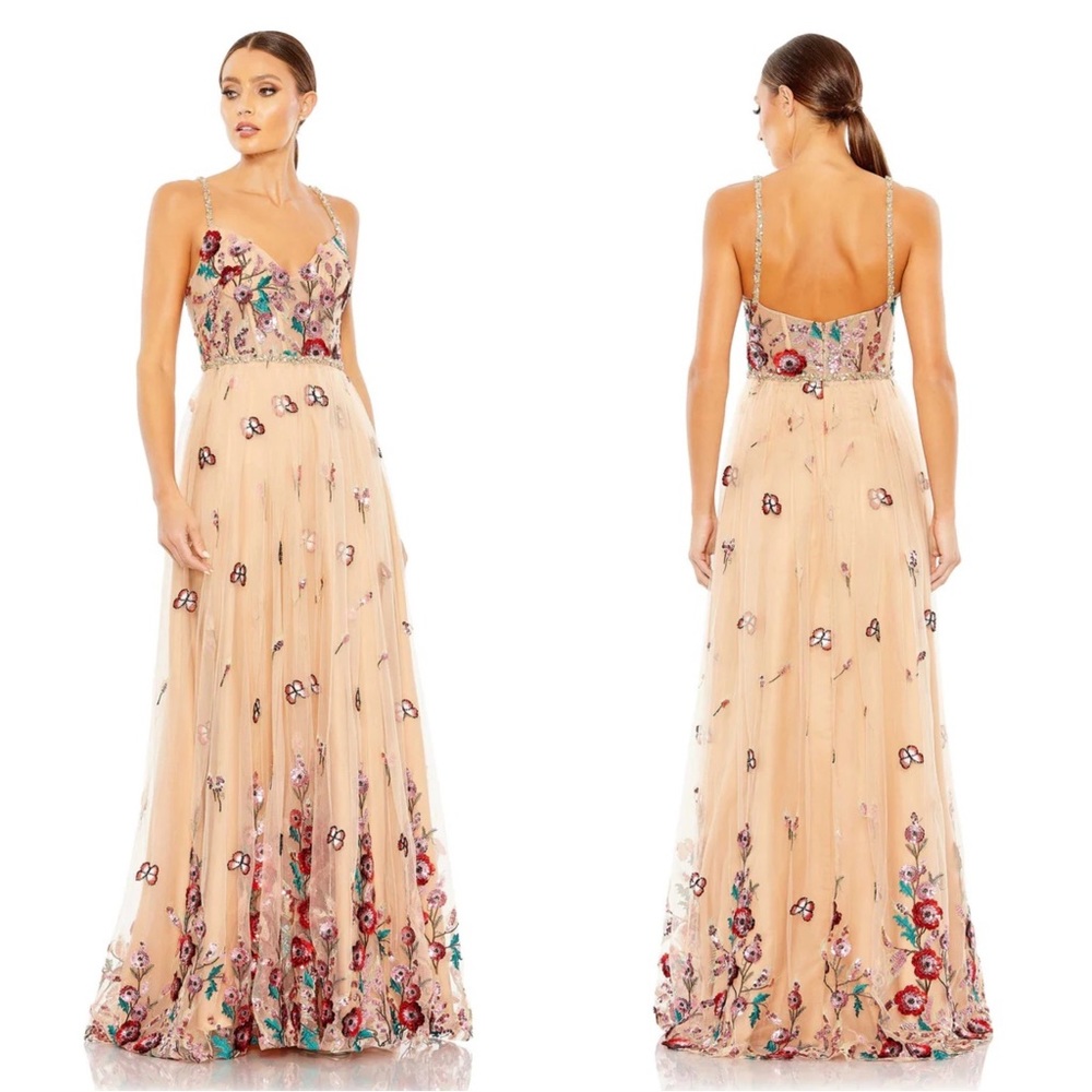 Mac Duggal Floral Embroidered Maxi Dress in Cream and Multicolor